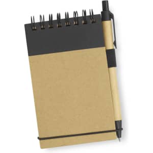 A kraft paper notebook with a black spiral binding and a black pen attached, featuring a minimalist design.