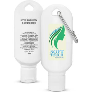 A white 50ml bottle of SPF 30 sunscreen and moisturiser with a carabiner and a logo on the front.