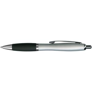 A sleek metal pen featuring a silver body and a black grip for comfortable writing.