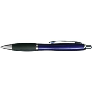 A metal pen with a sleek purple and silver design, featuring a comfortable grip and a clip for easy attachment.