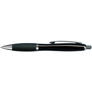 A metal pen with a sleek black design and a silver clip, featuring a comfortable grip.