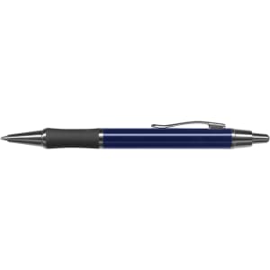 A metal pen in navy blue with silver accents and a black rubber grip, featuring a clip and a branding logo.