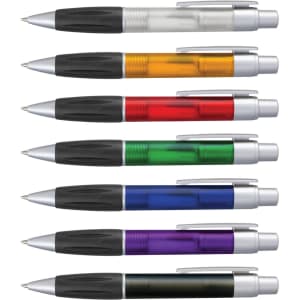 A set of eight plastic pens in various colours, featuring silver accents and black grips, along with branding.