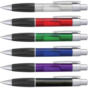 A collection of Matrix Pens in transparent red, green, blue, purple, and black with silver accents and black grips.