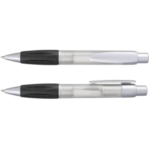A plastic pen set in black and transparent with silver accents and a branding logo.