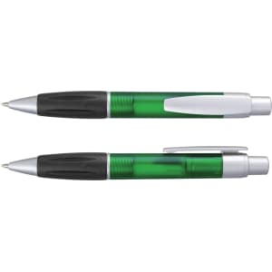 A green plastic pen with silver accents, featuring a push button and a grip section. It has a branding logo on the barrel.