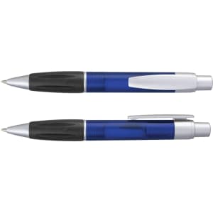 A blue plastic pen with a silver clip and grip. It features a sleek design and has a branding logo.