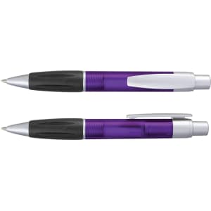 A plastic pen in purple with a silver clip and accents, featuring a comfortable grip and click mechanism.