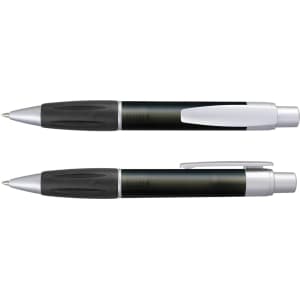 A Matrix Pen in black and silver, featuring a plastic body and a comfortable grip, displayed from different angles.