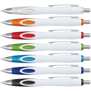 A collection of plastic pens in white, featuring various ink colours: orange, green, blue, and more, with a logo on each.