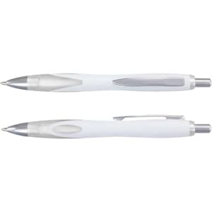 A set of Neo Pens in white plastic, featuring a sleek design with silver accents and a click mechanism.