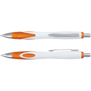 A plastic pen featuring a white body with orange accents and a silver clip. The pen has a logo on it.
