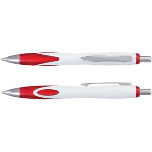 Two plastic pens, primarily white with red accents and silver clip. Includes a branding logo.