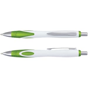 A plastic pen with a white body and green accents, featuring a silver clip and nib. It has a logo on the side.
