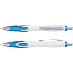 A plastic pen with a sleek white body and blue accents, featuring a silver clip and a rubber grip for comfort.