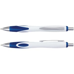 A plastic pen in white and blue, featuring a smooth finish and a silver clip. It has branding on the barrel.