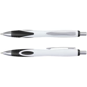 A plastic pen with a sleek white and black design, featuring a silver clip and grip. It has a branding logo.