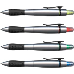 A set of four dual-function pens, featuring black grips, metallic silver bodies, and distinct coloured highlighters at the top.