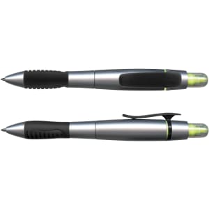 A silver and black duo pen with a highlighter feature, showcasing a sleek design and ergonomic grip.