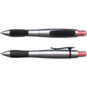 A silver and black duo pen with a highlighter, featuring a textured grip and a logo on the barrel.