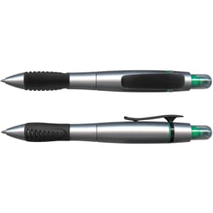 A silver Duo Pen with a highlighter, featuring a black grip and clip. The highlighter tip is visible on one end.
