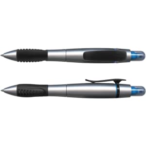 A duo pen with a silver body and black grip, featuring a pen and a highlighter, both with a logo.