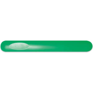 A green nail file designed for shaping and smoothing nails, featuring a smooth surface for a gentle touch.