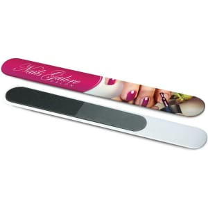 A nail file featuring a vibrant design with a salon logo on one side and a textured filing surface on the other.