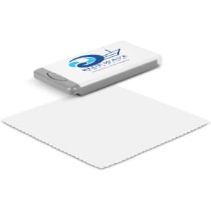 A cleaning kit featuring a white cleaning cloth and a grey case with a logo. Perfect for maintaining screens.