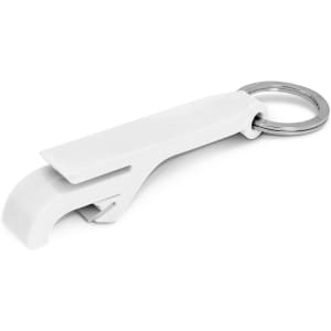 A drink bottle opener key ring in white, featuring a sleek design with a keychain attachment.