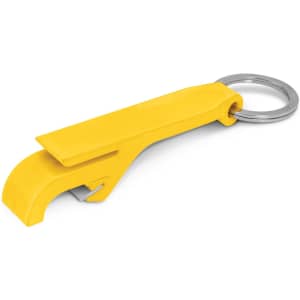 A drink bottle opener in a bright yellow color, designed as a key ring for easy portability.