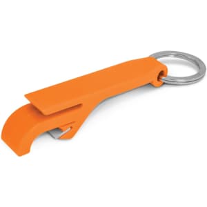 A drink bottle opener key ring in an orange color, featuring a sleek, ergonomic design with a keychain attachment.