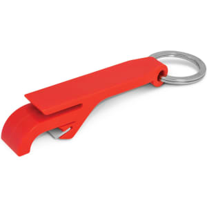A drink bottle opener key ring in bright red color, featuring a sleek design and metal ring for attachment.