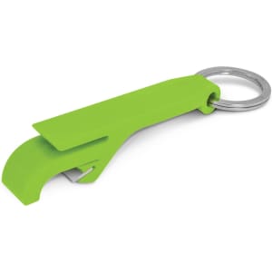 A drink bottle opener key ring in bright green with a silver key ring attachment.