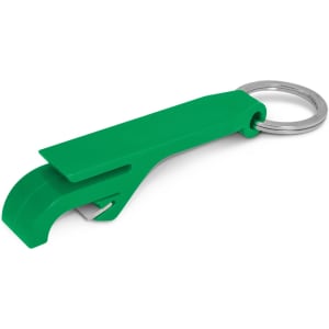 A drink bottle opener key ring in a bright green color, featuring a sleek design with a key ring attachment.