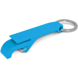 A drink bottle opener key ring in a bright blue color, featuring a sleek design and a metal key ring attachment.