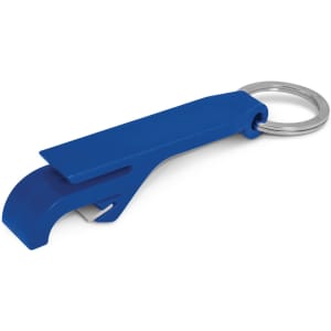A drink bottle opener key ring in blue color, featuring a sleek design with a metal ring for easy attachment.
