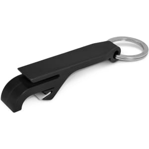 A drink bottle opener designed as a key ring in sleek black design.