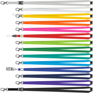 A variety of custom printed lanyards in different colours, featuring clips and a logo on each.