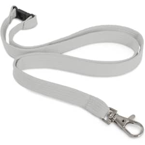 A custom printed lanyard in a light gray color measuring 12mm in width. It features a sturdy clip for attachment.
