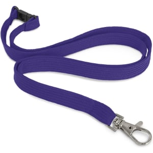 A custom printed lanyard in purple, featuring a silver clip and a plastic buckle.