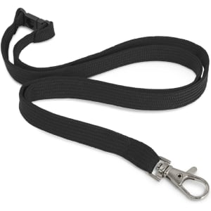 A black custom printed lanyard, 12mm wide, featuring a metal clip for attachment.