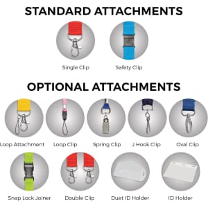 A variety of lanyard attachments including clips and holders in multiple colours displayed in a grid format.