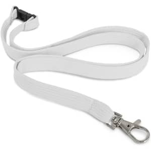 A custom printed lanyard in white color, measuring 12mm in width, featuring a metal clip for attaching items.