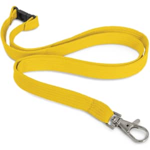 A yellow custom printed lanyard with a clip attachment, featuring a sturdy weave and a plastic buckle.