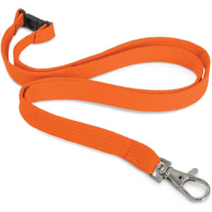 An orange custom printed lanyard, 12mm wide, featuring a clip for attachment and a plastic buckle.