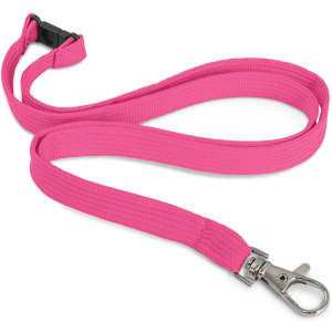 A custom printed lanyard in vibrant pink color, measuring 12mm in width, featuring a metal clip for easy attachment.