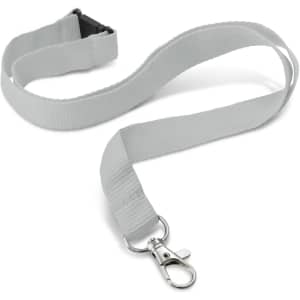 A grey custom printed lanyard, 16mm wide, featuring a clip and a secure release mechanism.