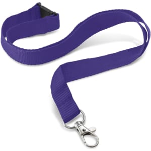 A purple lanyard with a silver clip and a plastic buckle. The lanyard measures 16mm in width.