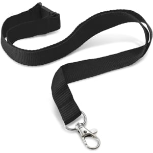 A custom printed lanyard in black, featuring a 16mm width and a metal clip for attachment.